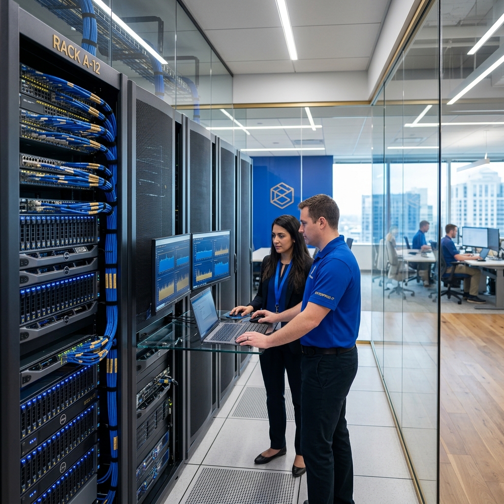 Modern sleek enterprise IT server room and glass-walled office